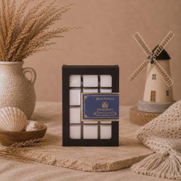 Decorative scene with candles in a holder, windmill model, and natural elements on a textured surface.