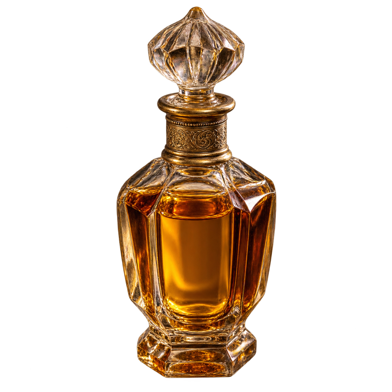 An ornate clear glass perfume bottle with a faceted stopper and a gold-toned engraved neck, filled with amber liquid, representing the premium fragrance oil used in Bercot Provisions' products isolated on a white background.