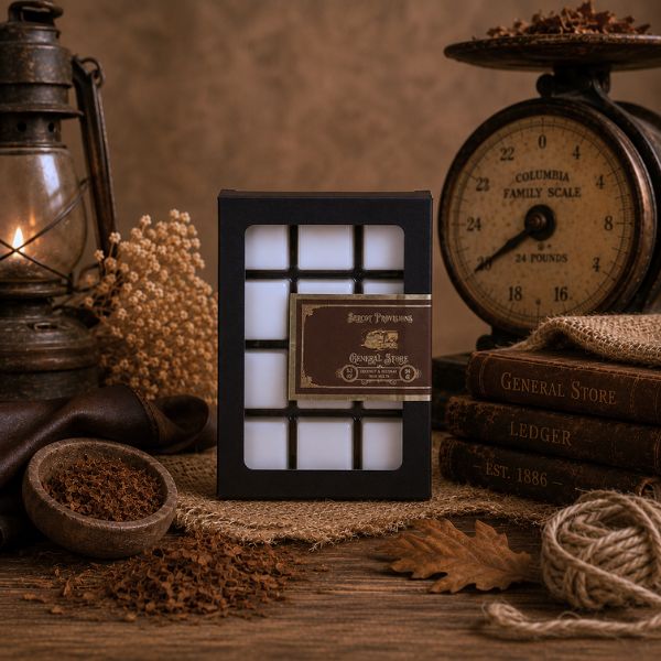 General store wax melt with decorative lantern with a vintage scale and books on a wooden surface