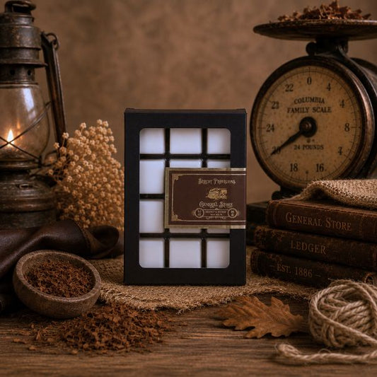 General store wax melt with decorative lantern with a vintage scale and books on a wooden surface