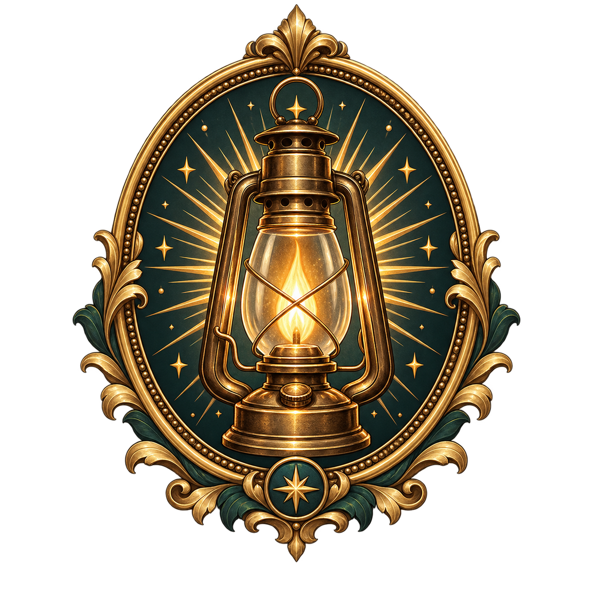 A decorative vintage lantern emblem centered within an ornate gold oval frame with star motifs and a dark teal background.
