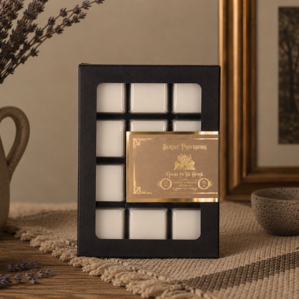 Set of wax melts in a decorative black holder on a textured surface with a neutral background