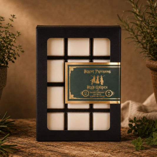 Packaged wax melts with a brand label in a decorative setting