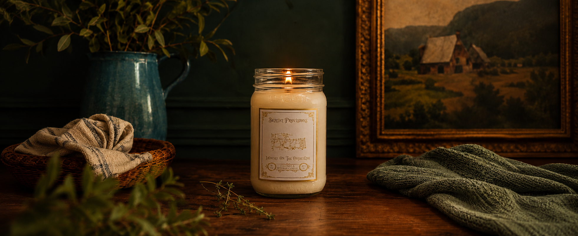 Candle in a jar on a wooden surface with a painting and greenery in the background