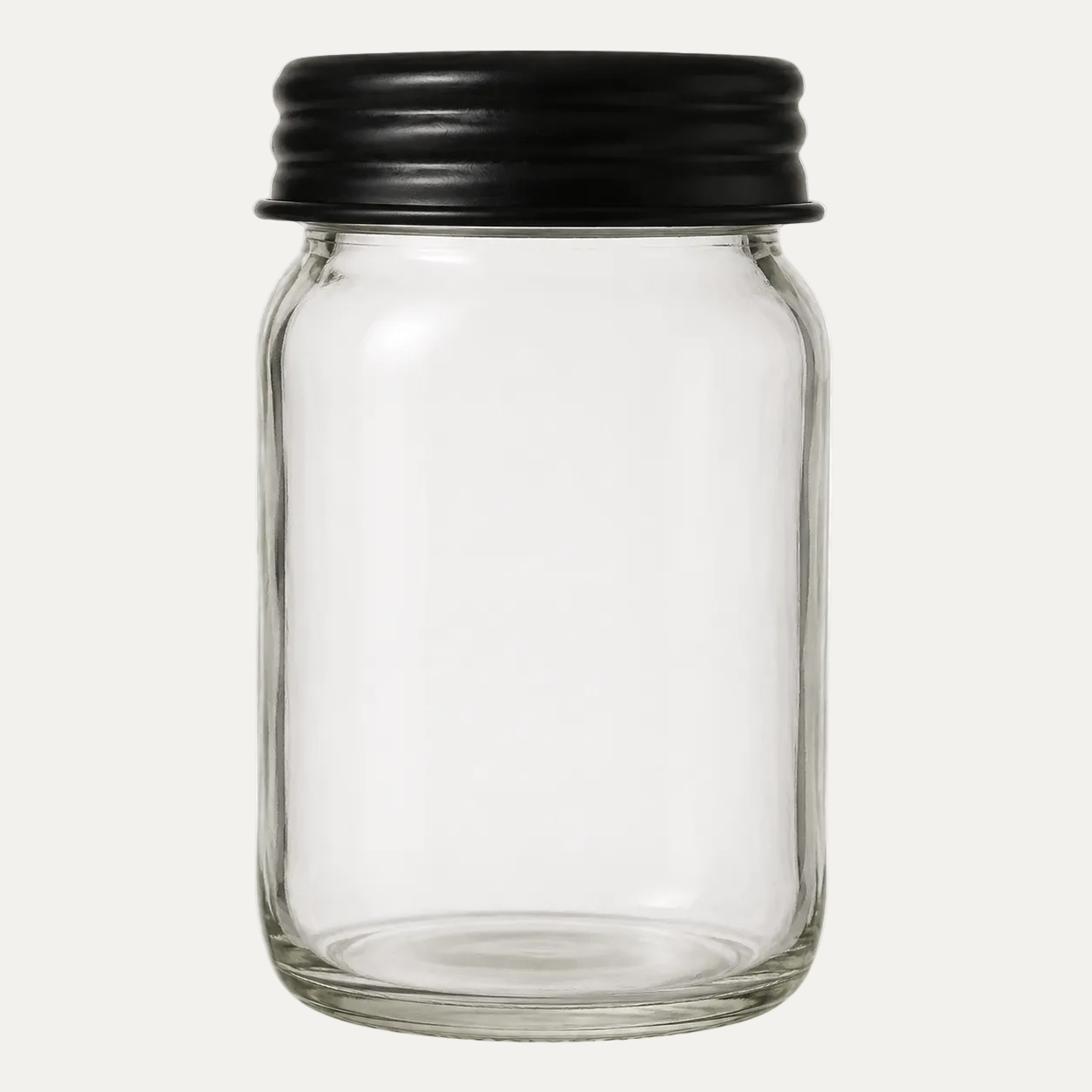 A clear glass jar with a black metal screw lid, shown against a white and gray checkered transparency background.