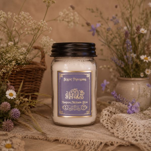 Candle with a purple label surrounded by flowers and plants on a rustic surface