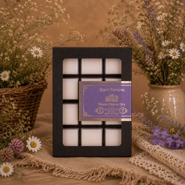 Black box of wax melts with a purple label surrounded by flowers on a wooden surface