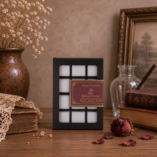 Wax Melts with vintage design on a wooden surface with books and flowers.