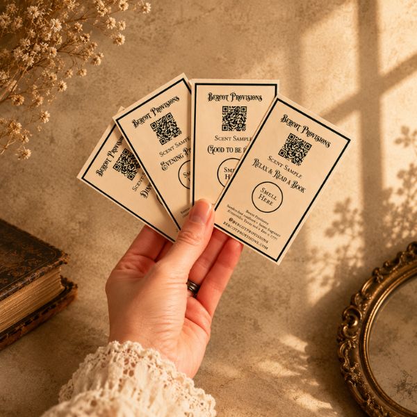 Hand holding three business cards with QR codes on a textured surface with books and dried flowers.